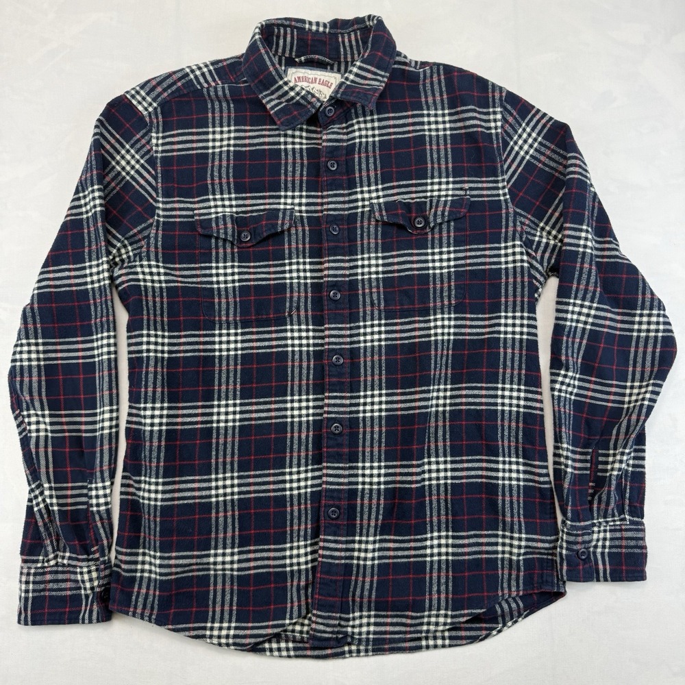 American Eagle Outfitters M Plaid Flannel Button Shirt Navy